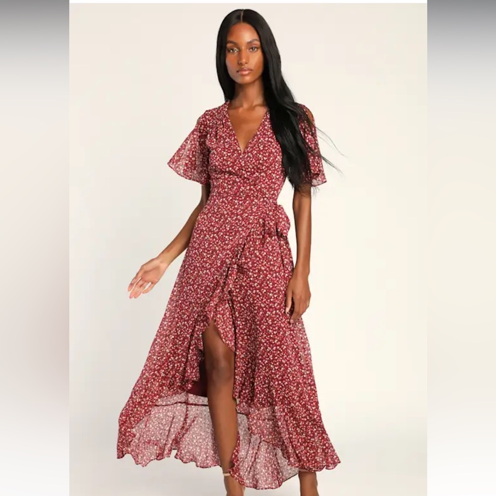❤️ Lulus Floral Print Burgundy Split Sleeve Faux Wrap Dress 🤍